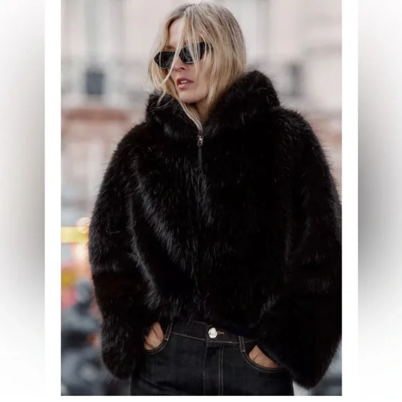 ZARA SHORT FAUX FUR HOODED COAT - Picture 1 of 13